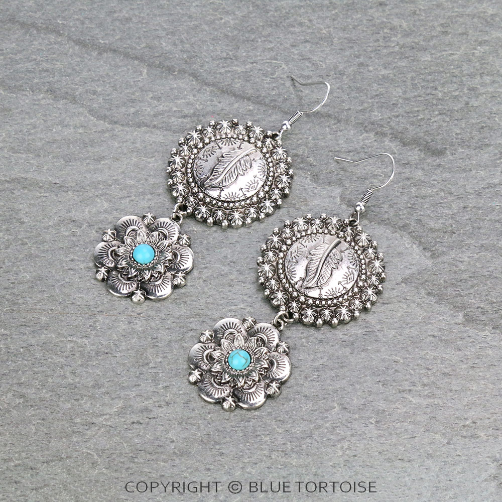 Western Style Feather with Flower Drop Dangle Earrings