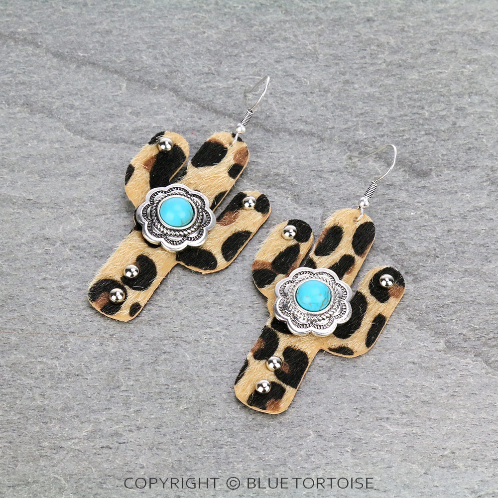 Western Cactus Leopard Leather Dangle Earrings