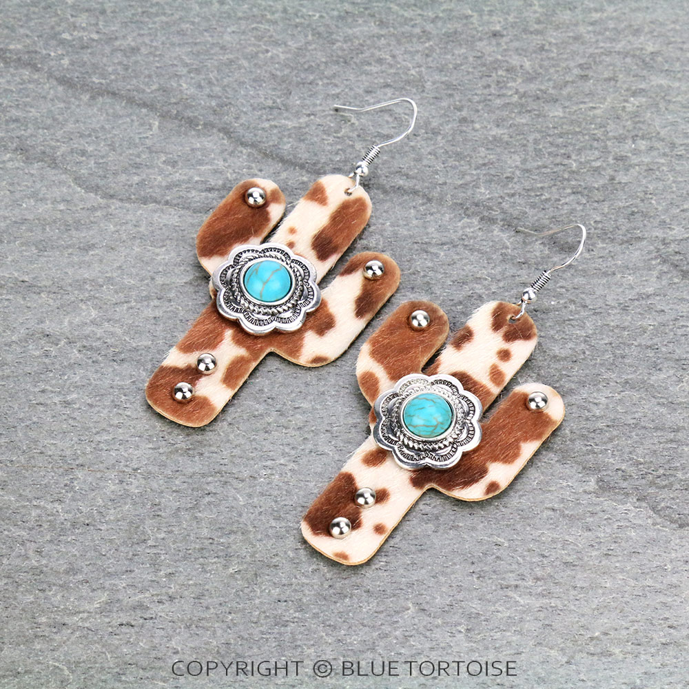 Western Cactus Cow Leather Dangle Earrings