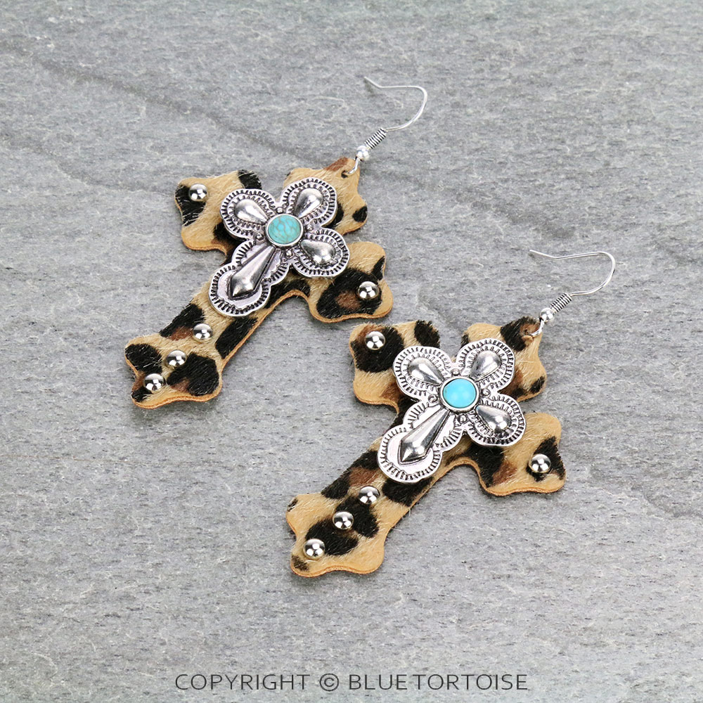Western Cross Leopard Leather Dangle Earrings