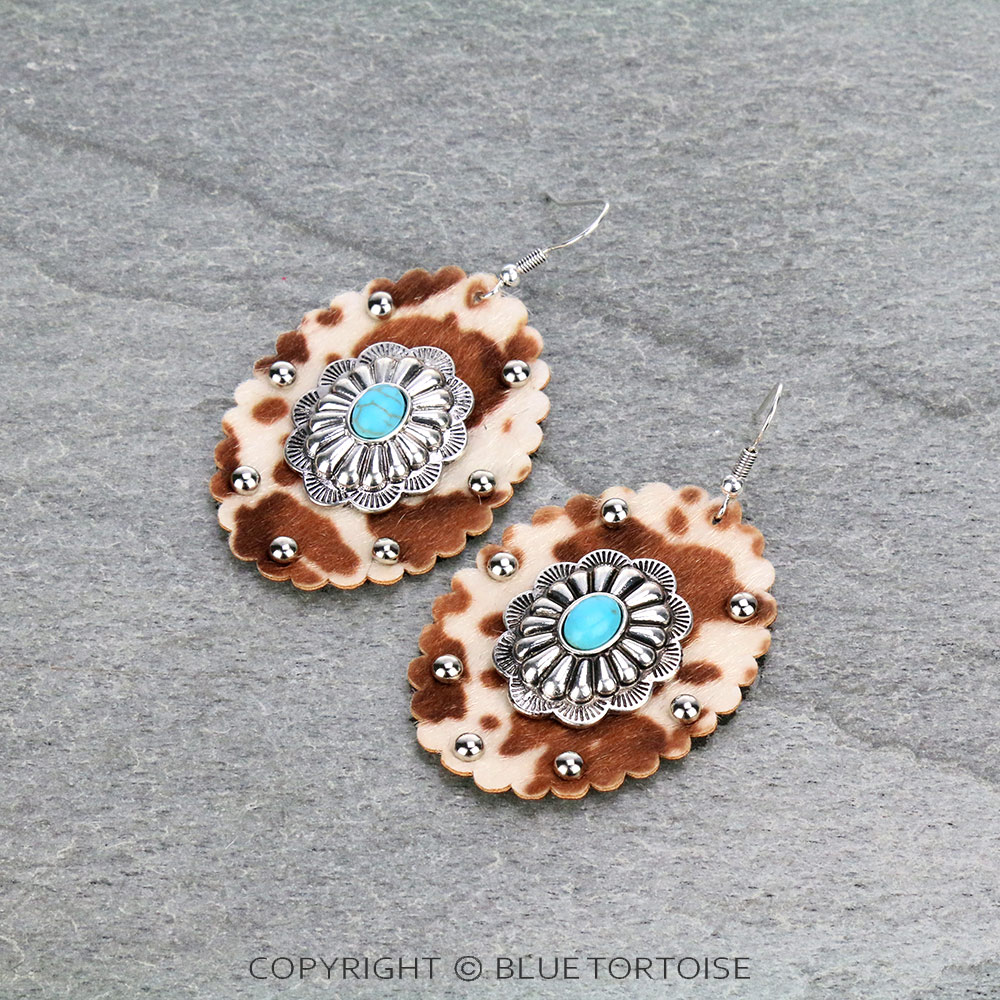 Western Concho Cow Leather Dangle Earrings