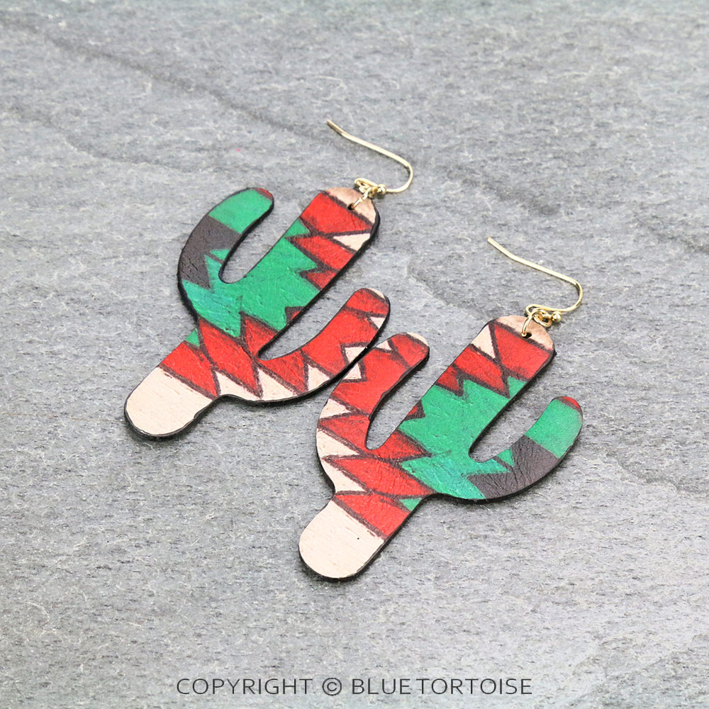 Aztec Printed Cactus Leather Dangle Earrings