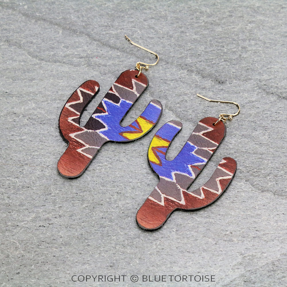 Aztec Printed Cactus Leather Dangle Earrings