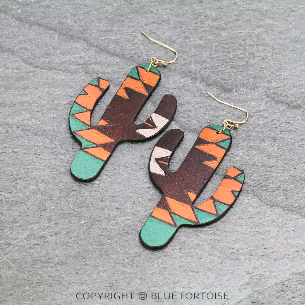 Aztec Printed Cactus Leather Dangle Earrings