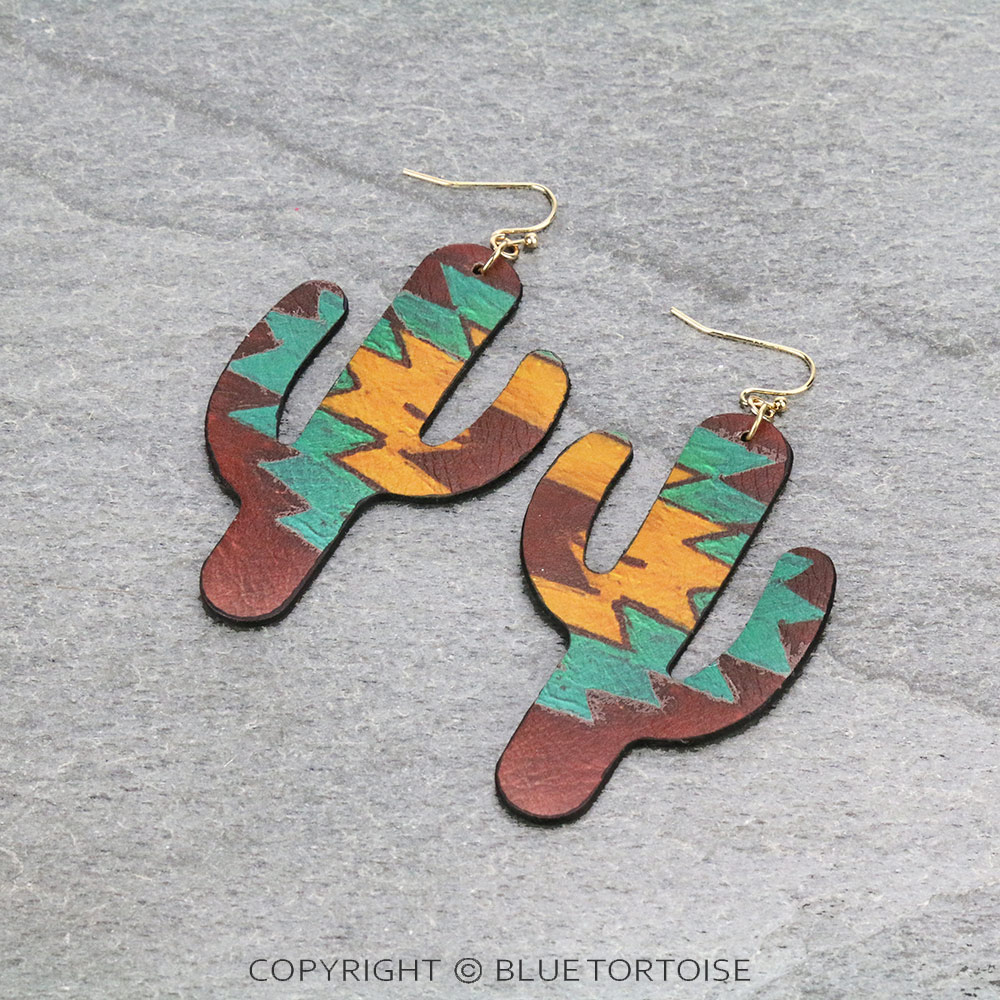 Aztec Printed Cactus Leather Dangle Earrings