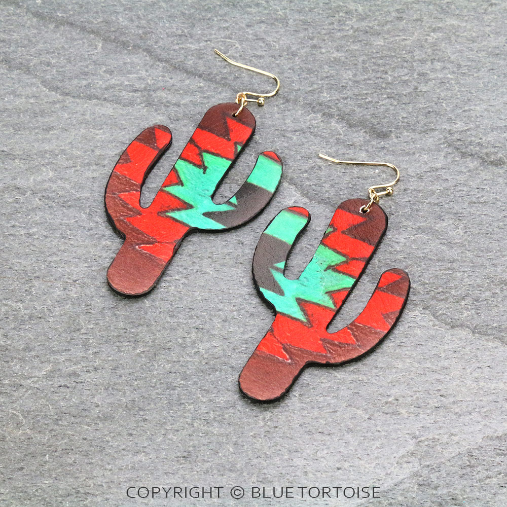 Aztec Printed Cactus Leather Dangle Earrings