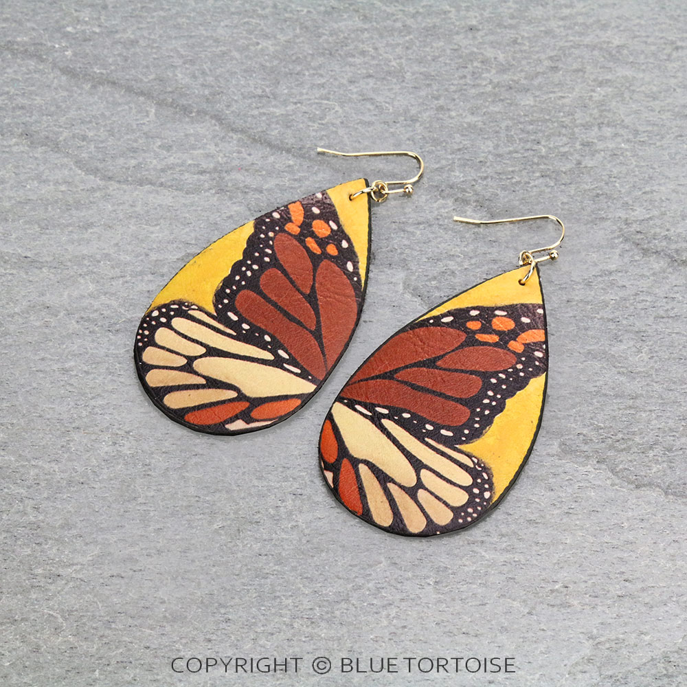Butterfly Printed Teardrop Leather Dangle Earrings