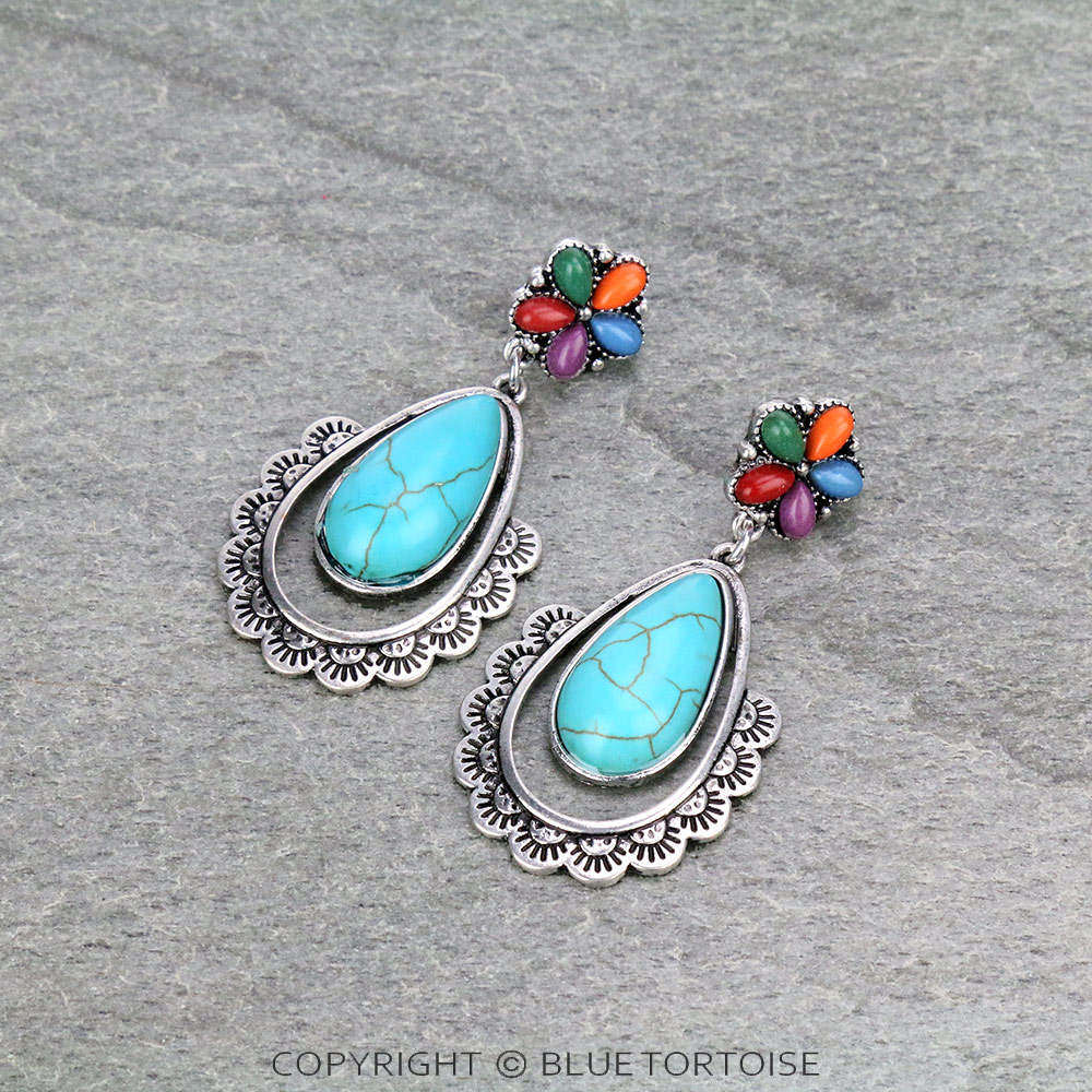 Western Teardrop Stone Drop Stud Earrings