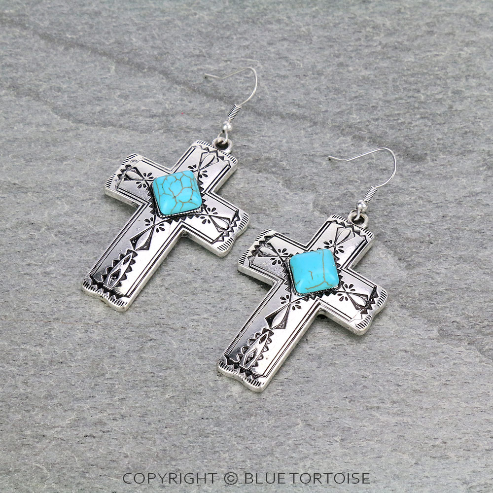 Western Cross Stone Dangle Earrings