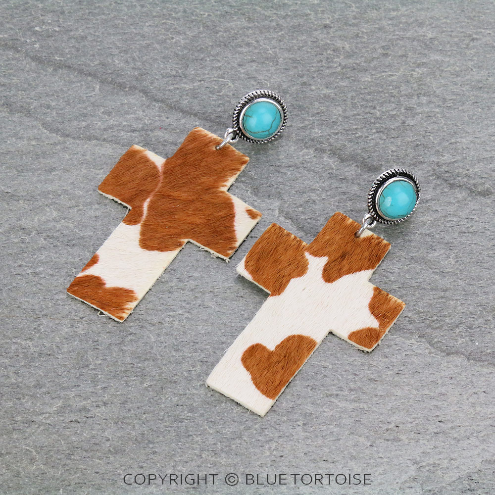 Genuine Leather Cross with Stone Stud Earrings