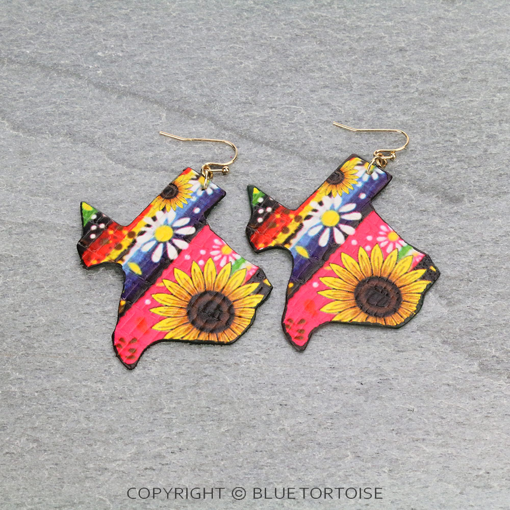 Sunflower Printed Texas Map Dangle Earrings