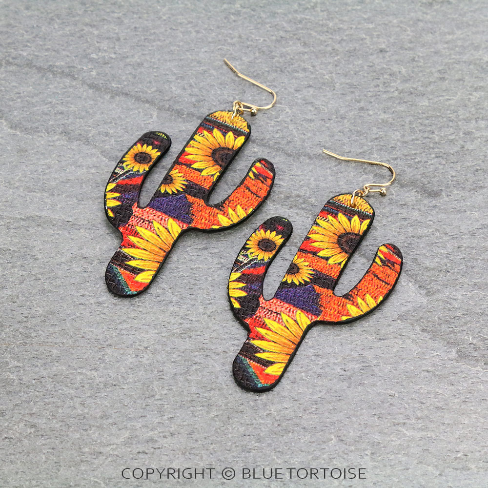 Sunflower Printed Cactus Dangle Earrings