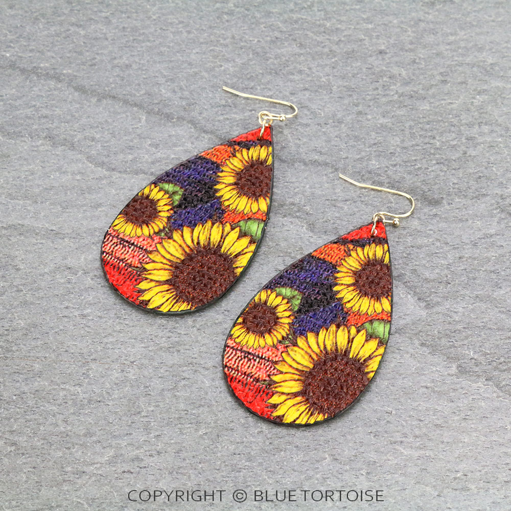 Sunflower Printed Teardrop Leather Dangle Earrings