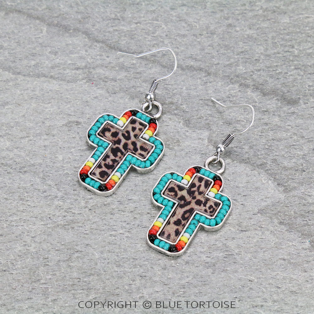 Leopard Cross with Seed Bead Dangle Earrings