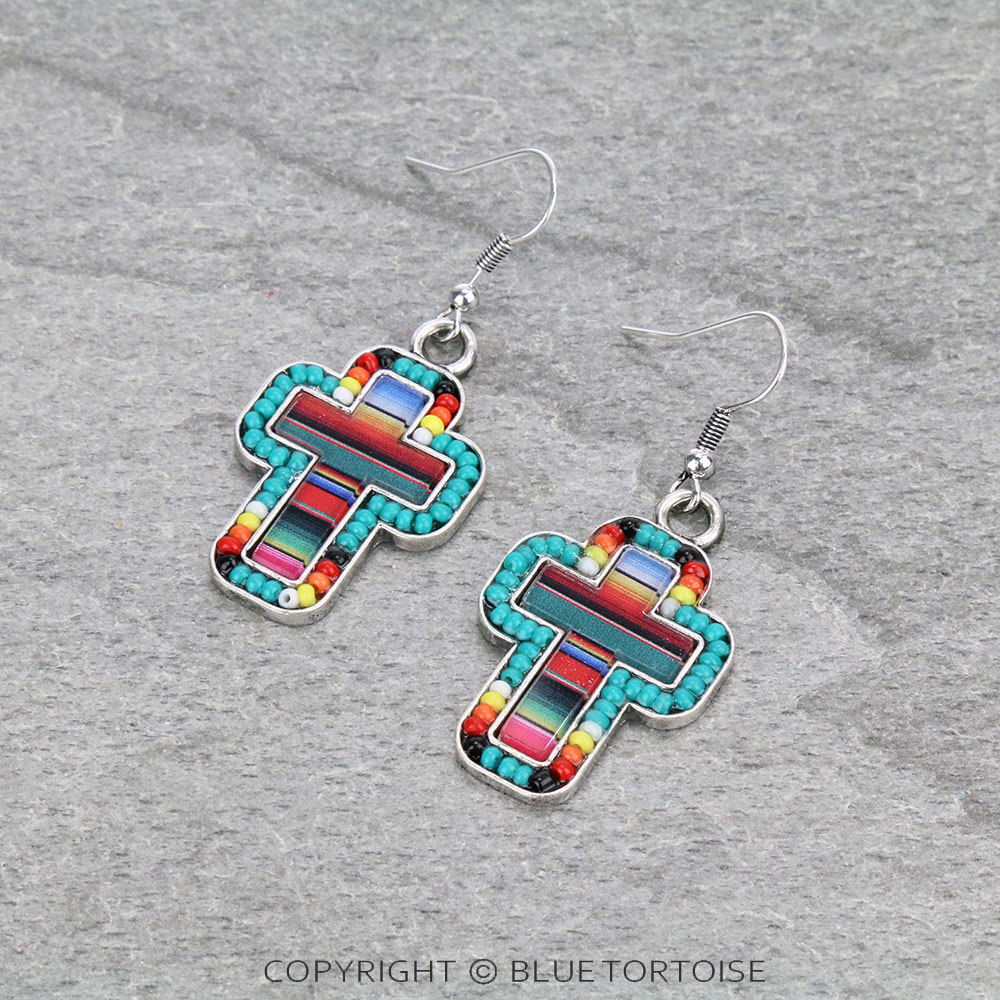 Serape Cross with Seed Bead Dangle Earrings