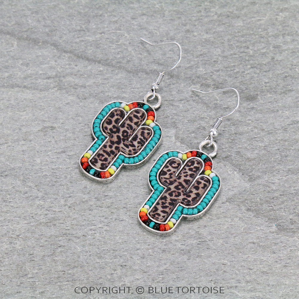 Leopard Cactus with Seed Bead Dangle Earrings