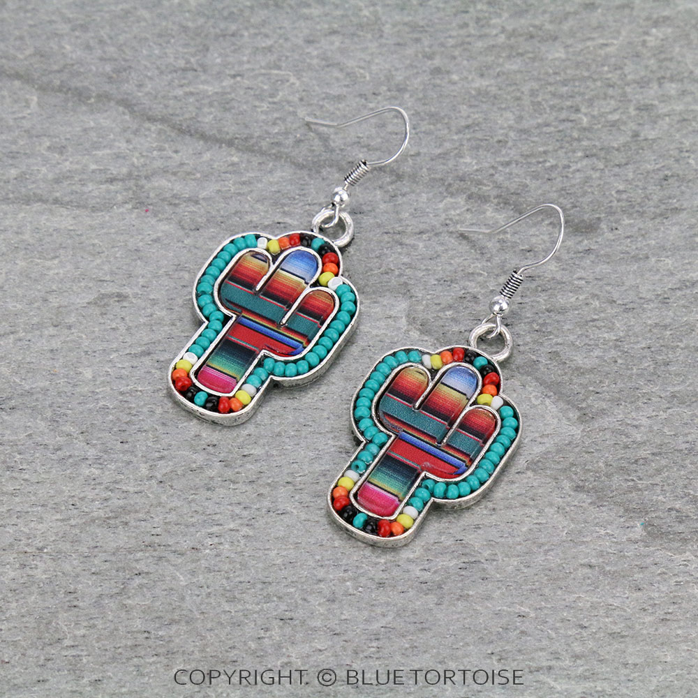 Serape Cactus with Seed Bead Dangle Earrings