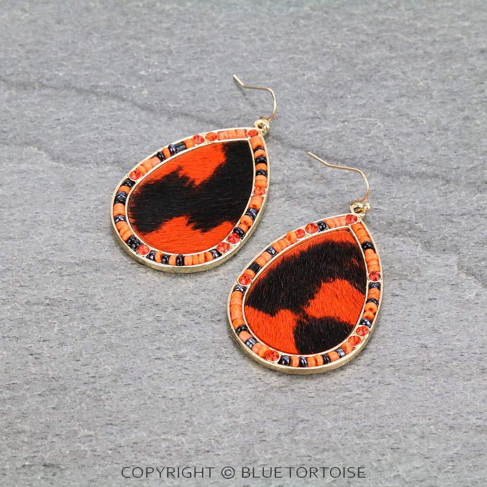 Genuine Leather Teardrop with Seed Bead Dangle Earrings