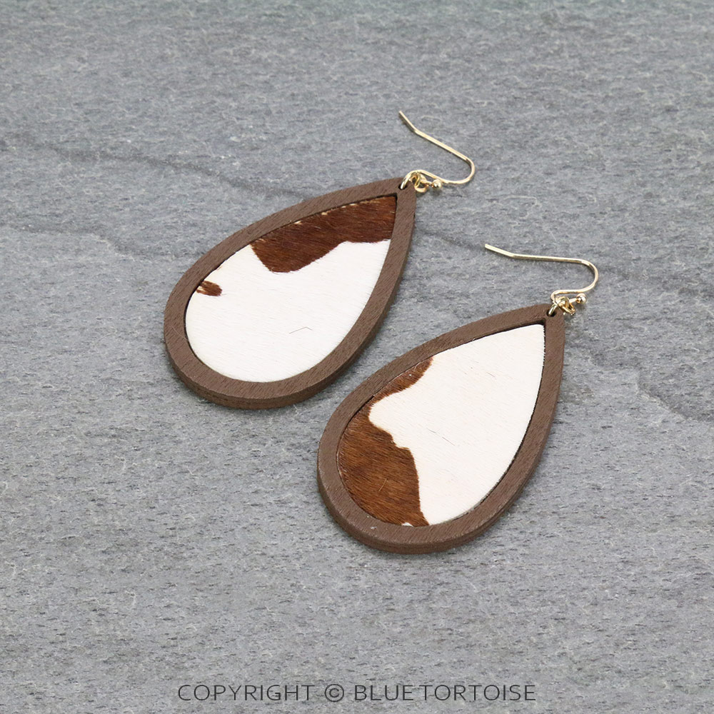 Genuine Leather Wood Teardrop Dangle Earrings