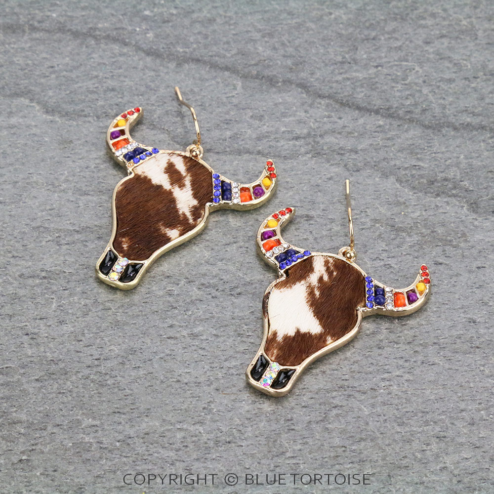 Western Leather Steer Head Dangle Earrings
