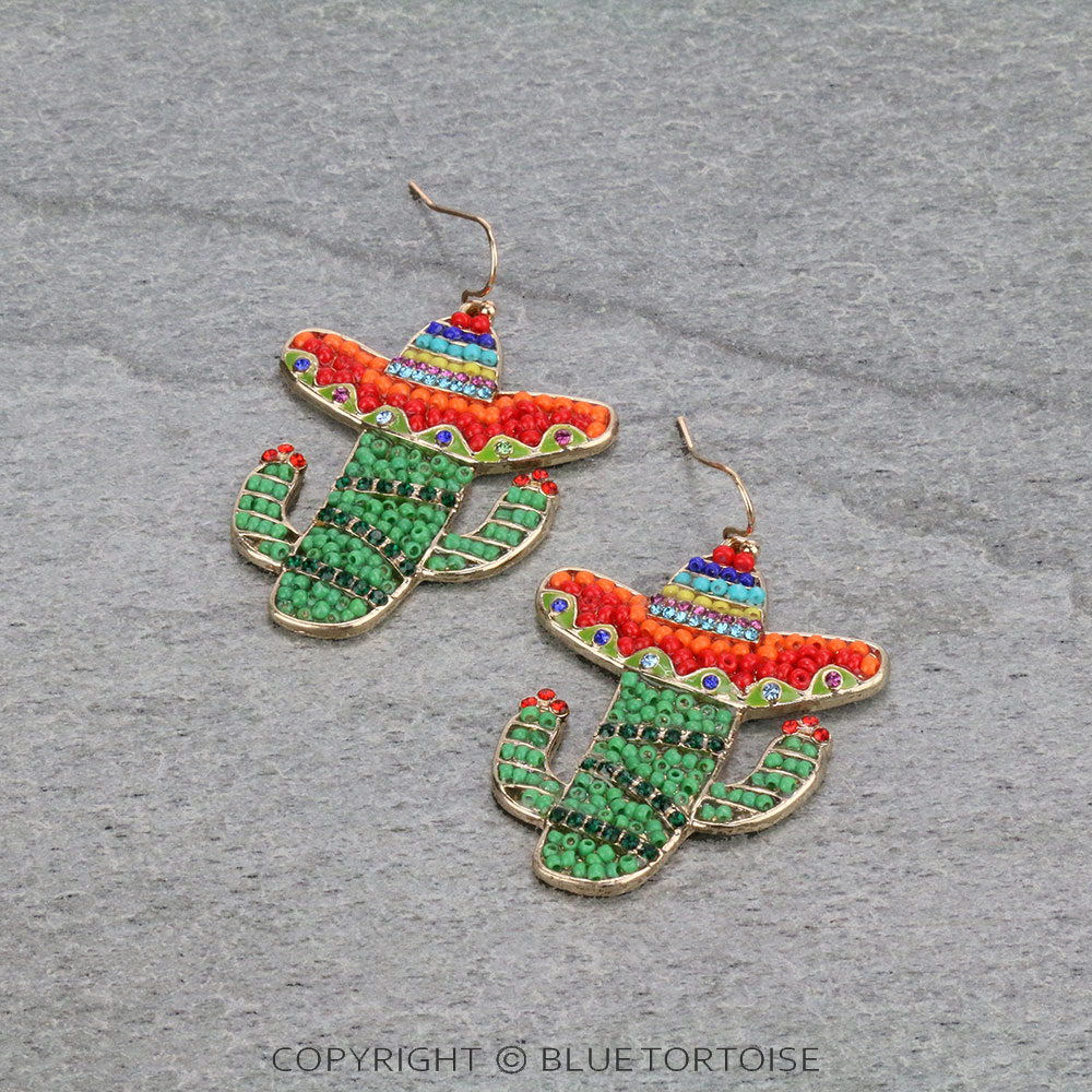 Cactus with Sombrero Hat Seed Bead Dangle Earrings