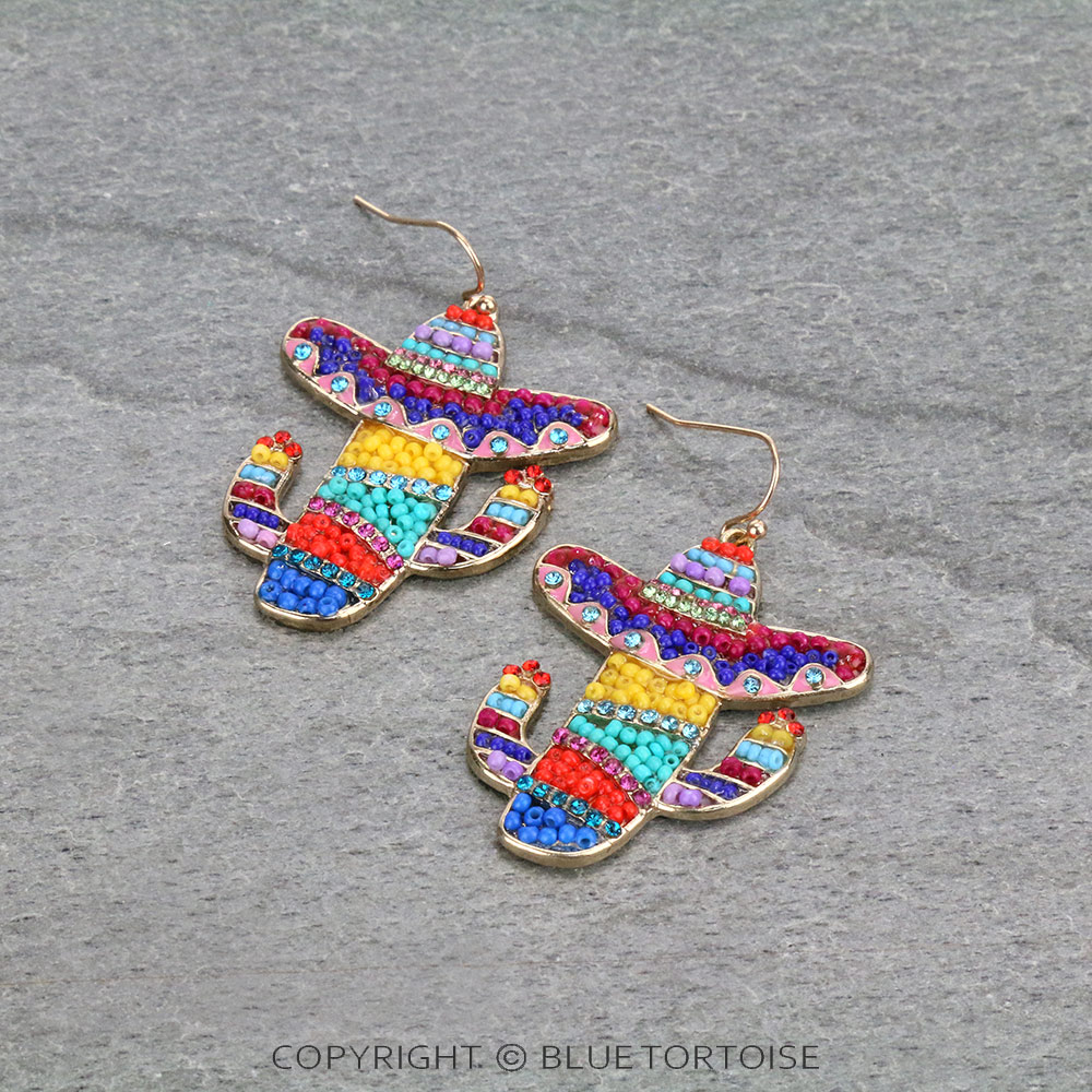 Cactus with Sombrero Hat Seed Bead Dangle Earrings