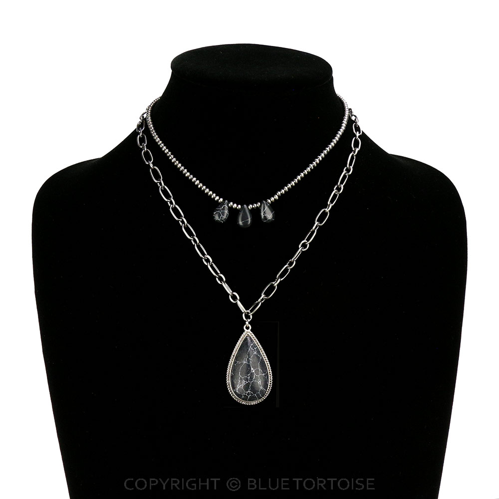 Multi Layered with Teardrop Stone Pendant Necklace - Image 2