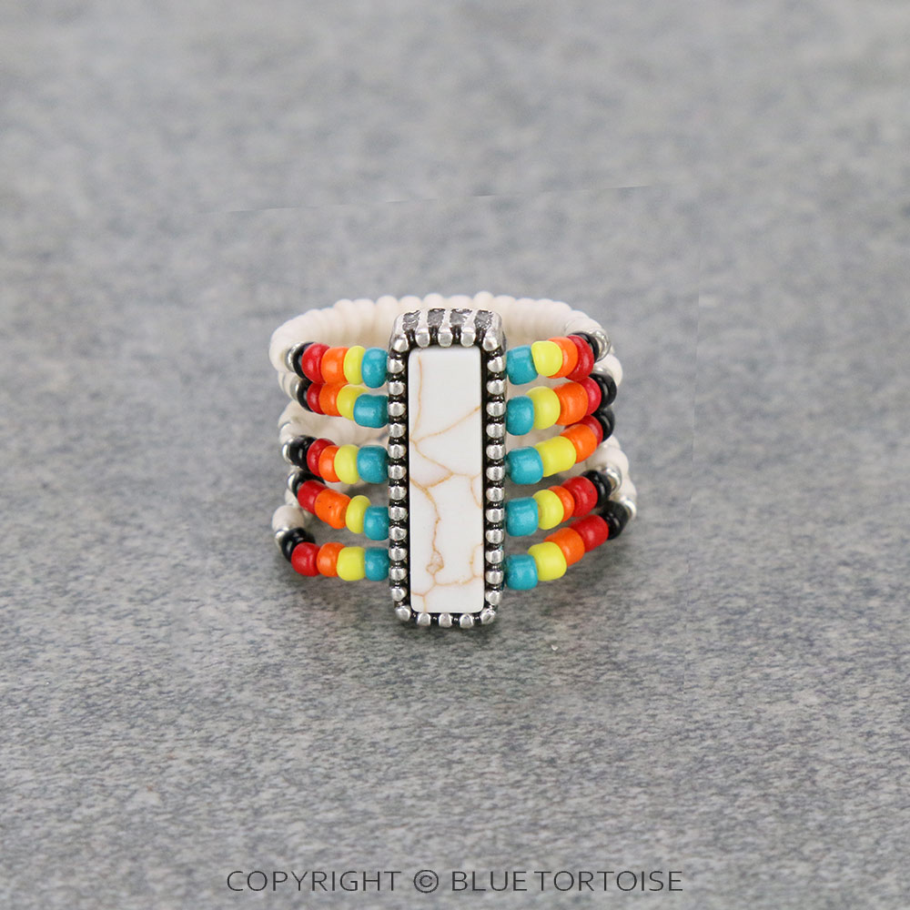 5 Layered Seed Bead with Bar Stone Stretch Ring