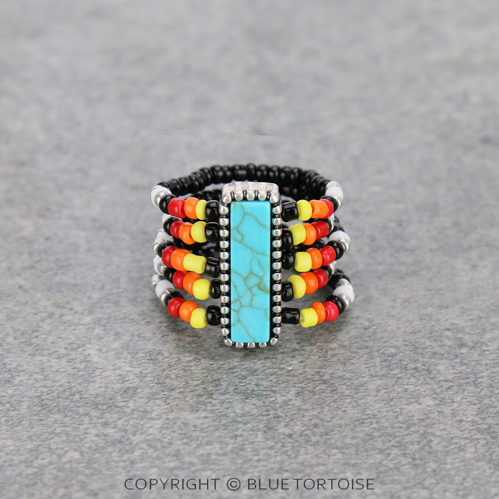 5 Layered Seed Bead with Bar Stone Stretch Ring