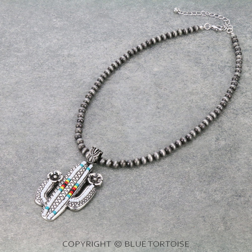 Western Seed Bead Cactus Pendant Necklace