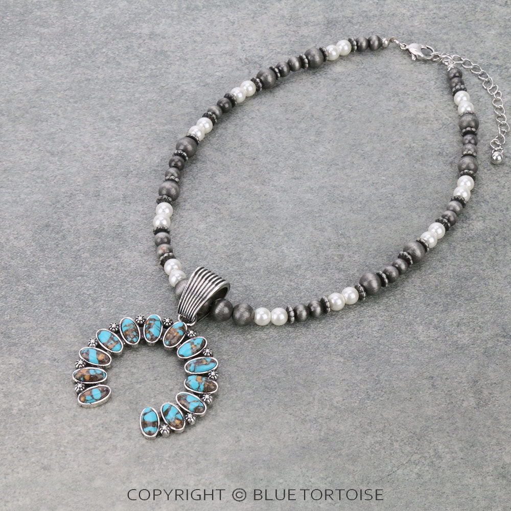 Western Handmade Squash Blossom Stone Pendant with Pearl Necklace