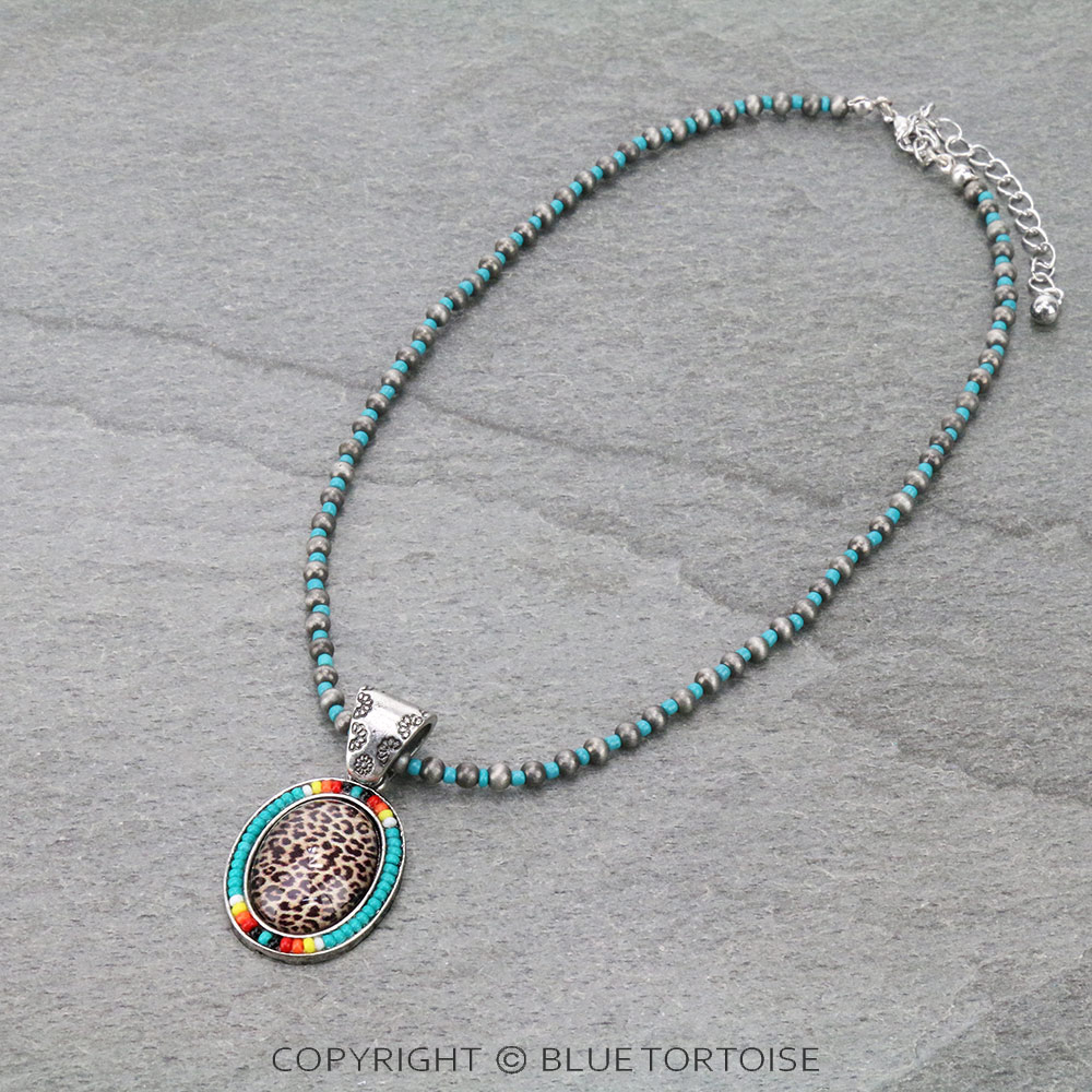 Leopard Oval with Seed Bead Pendant Necklace