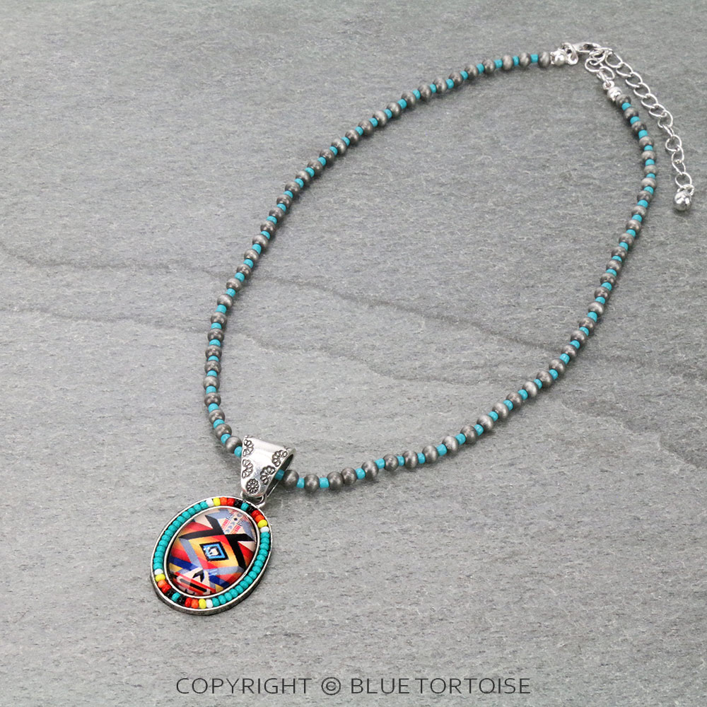 Aztec Oval with Seed Bead Pendant Necklace
