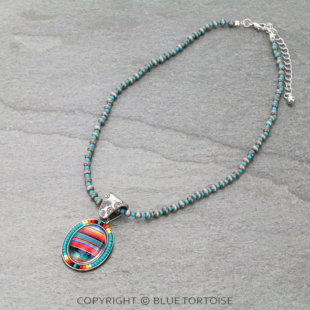 Serape Oval with Seed Bead Pendant Necklace
