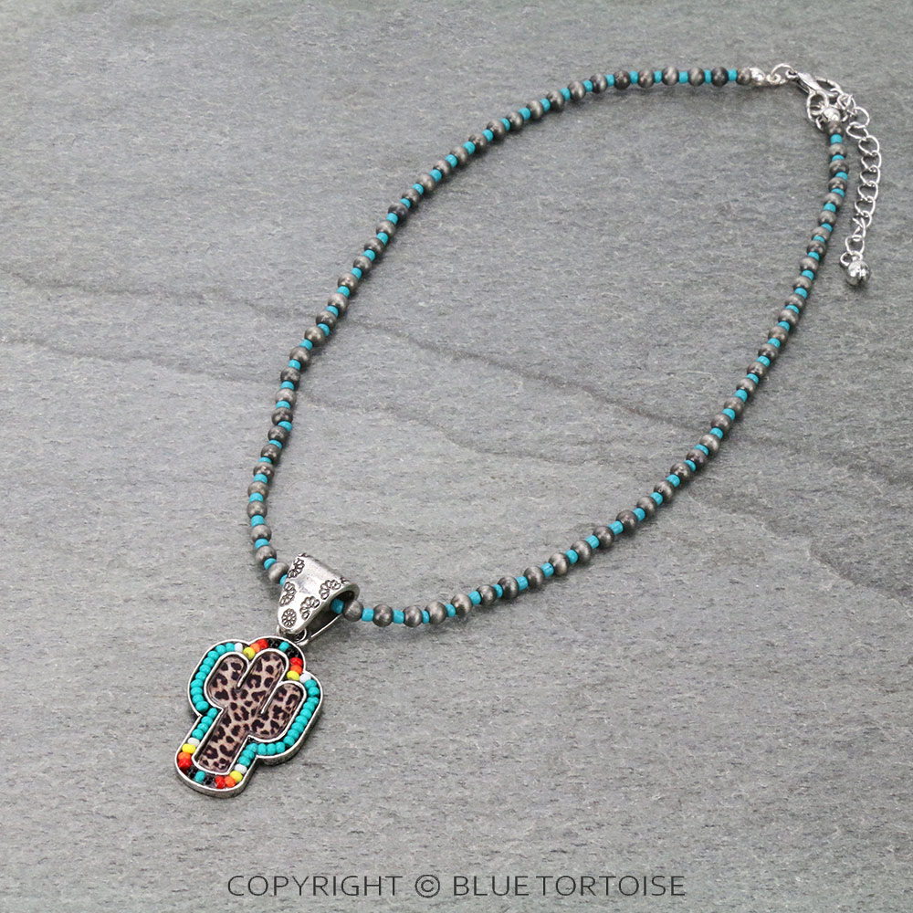 Leopard Cactus with Seed Bead Pendant Necklace