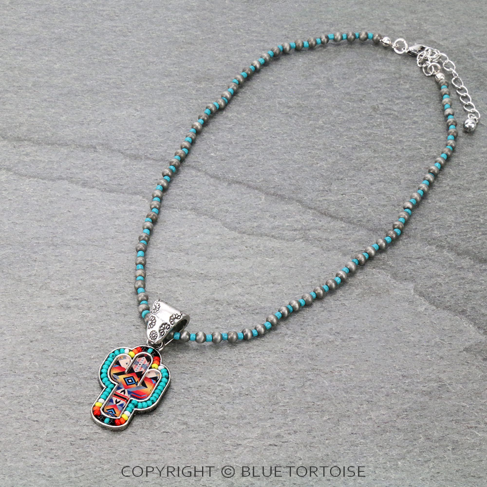 Aztec Cactus with Seed Bead Pendant Necklace