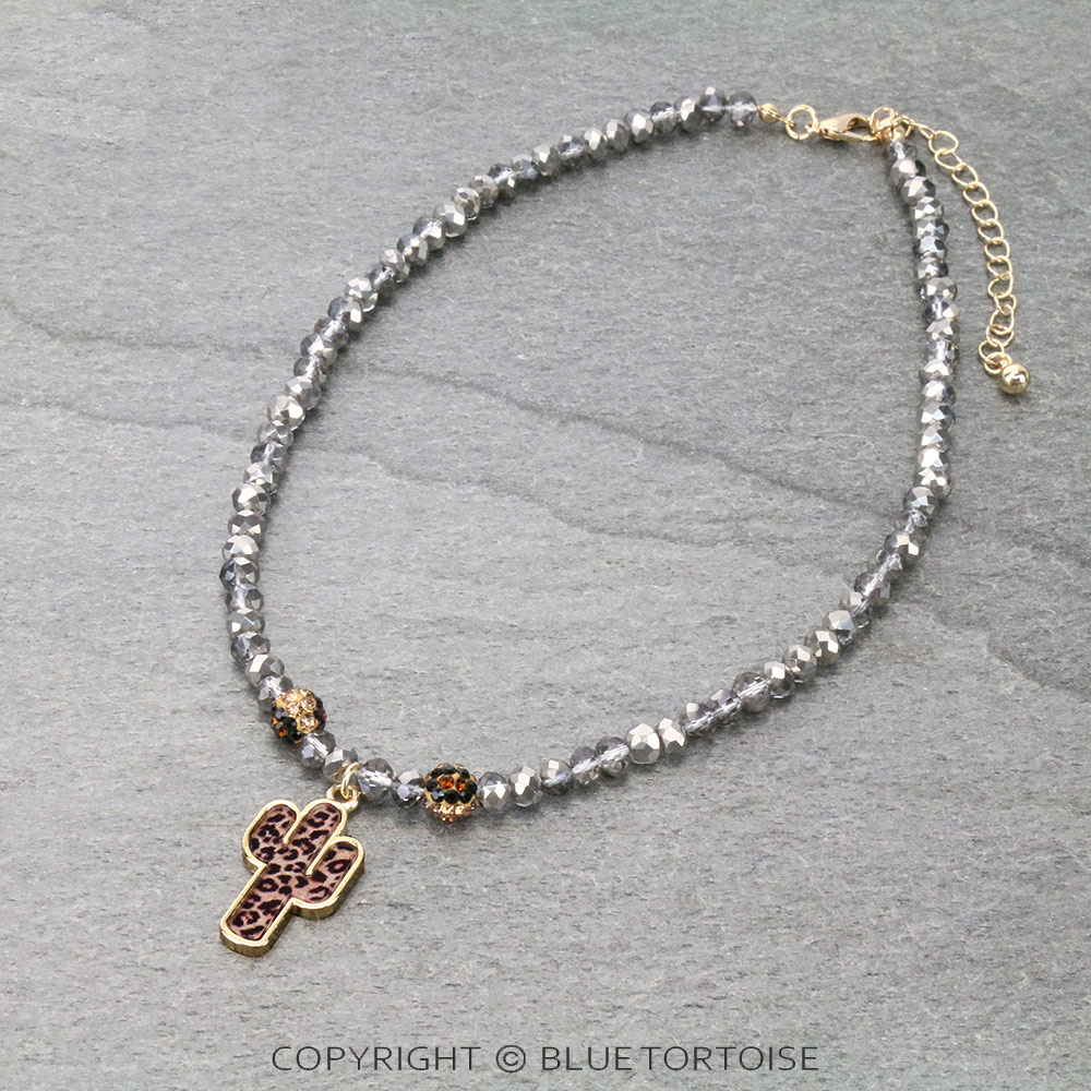 Leopard Cactus Pendant with Glass Bead Necklace