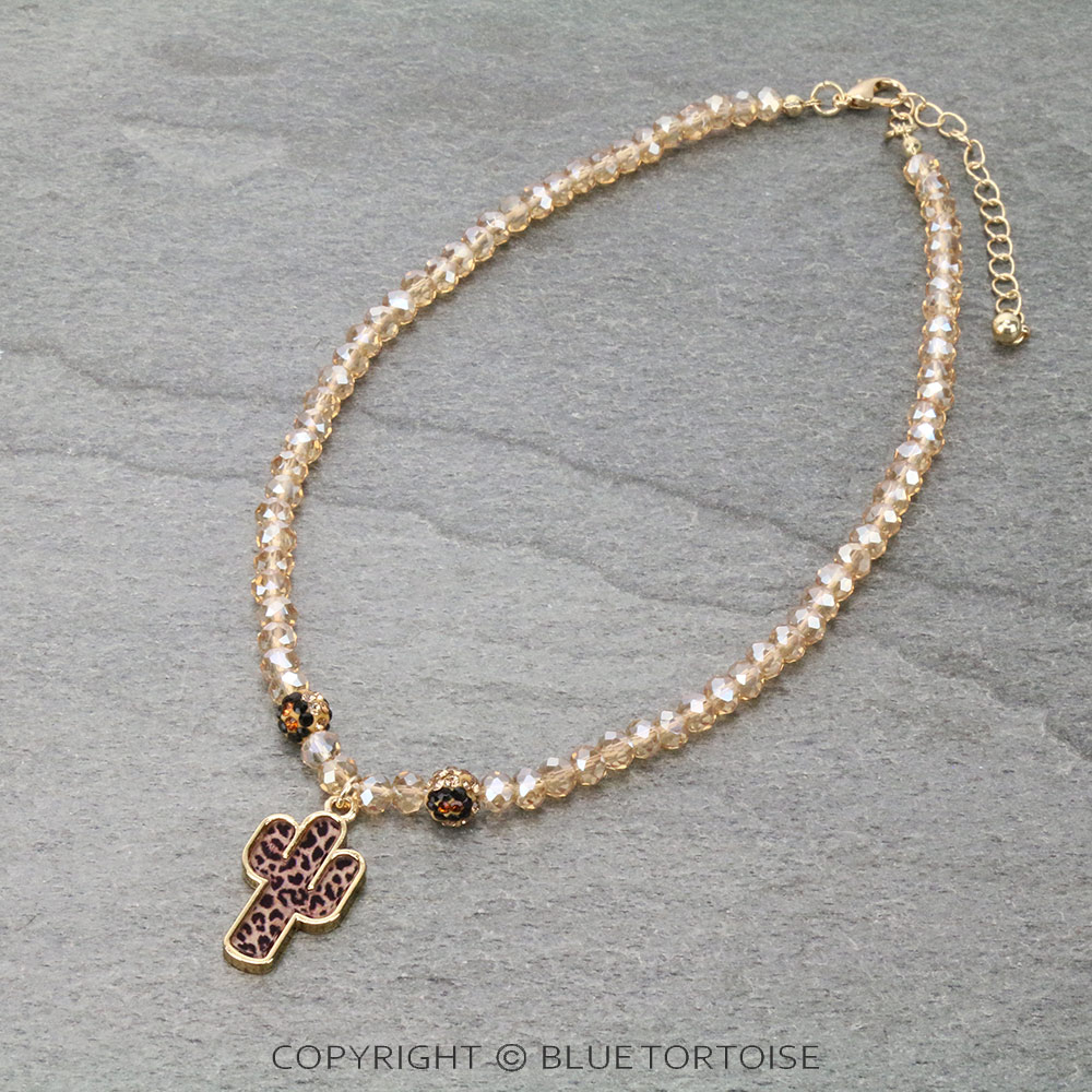 Leopard Cactus Pendant with Glass Bead Necklace