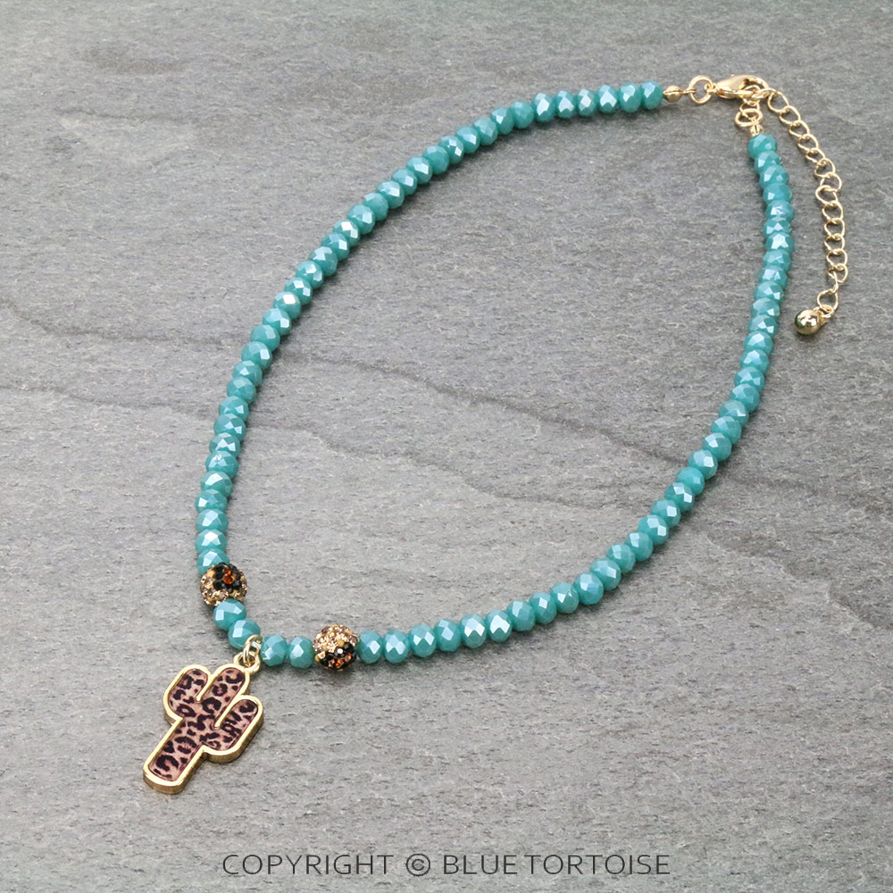 Leopard Cactus Pendant with Glass Bead Necklace