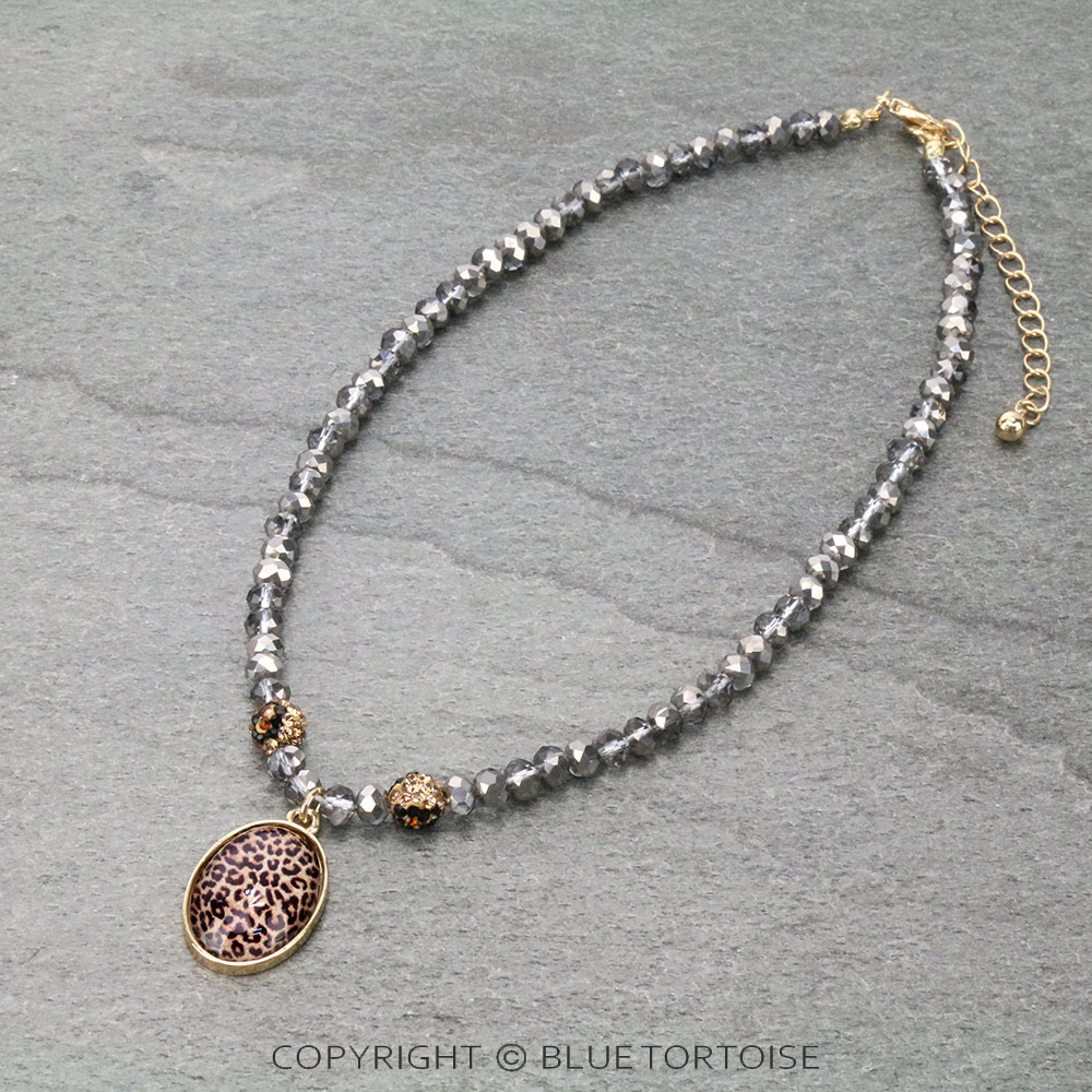 Leopard Oval Pendant with Glass Bead Necklace