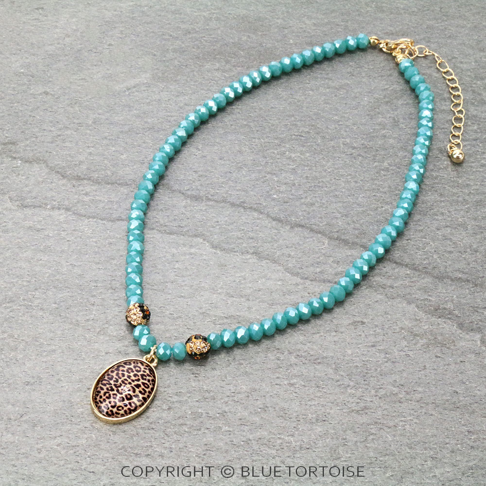 Leopard Oval Pendant with Glass Bead Necklace