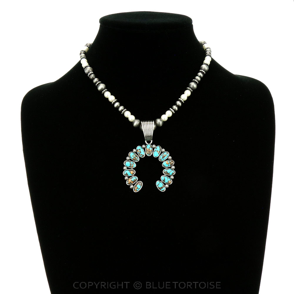 Western Handmade Squash Blossom Stone Pendant with Pearl Necklace - Image 2