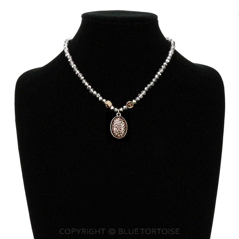 Leopard Oval Pendant with Glass Bead Necklace - Image 2