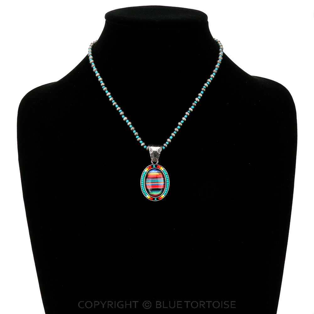 Serape Oval with Seed Bead Pendant Necklace - Image 2
