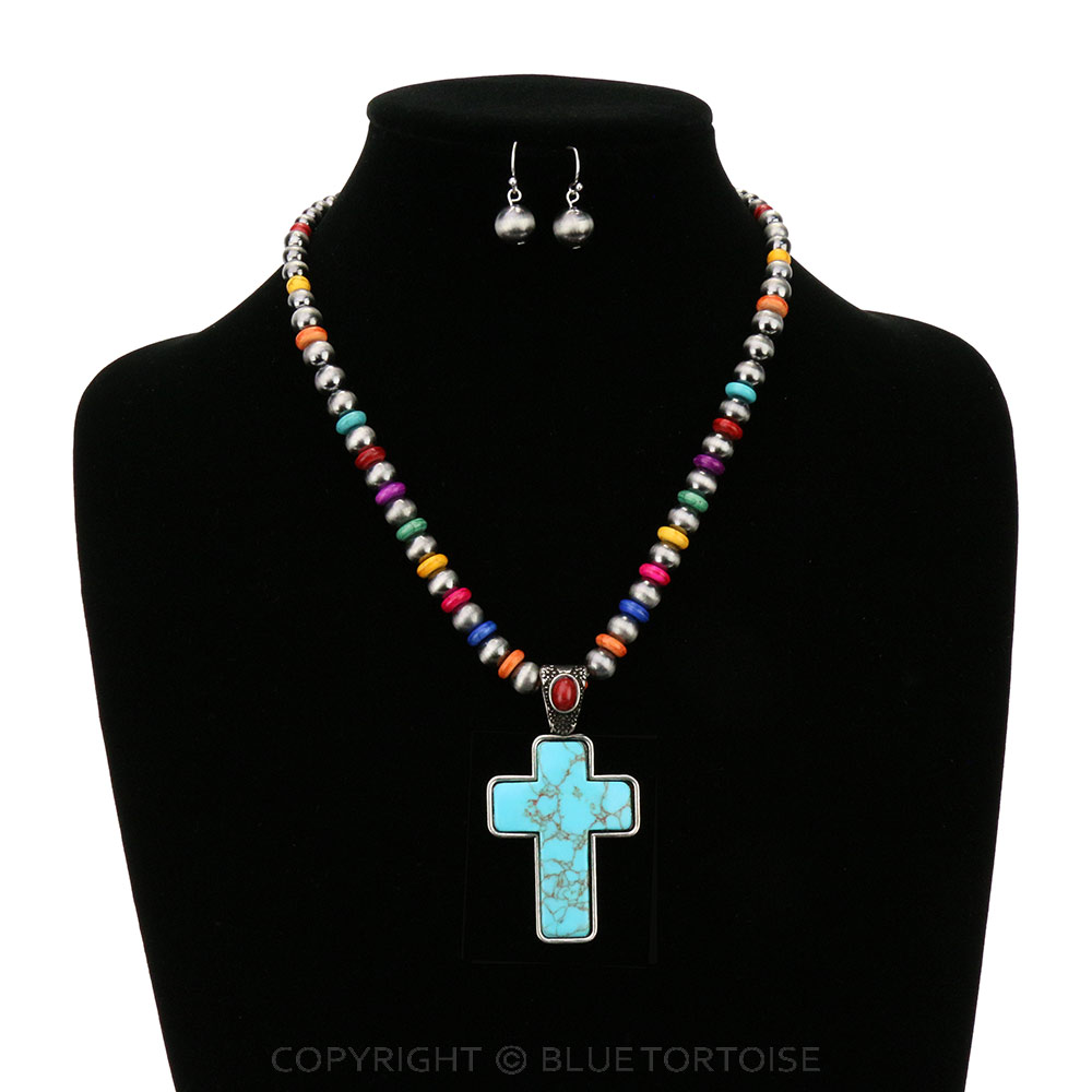 Western Cross Stone Pendant with Bead Necklace Set - Image 2