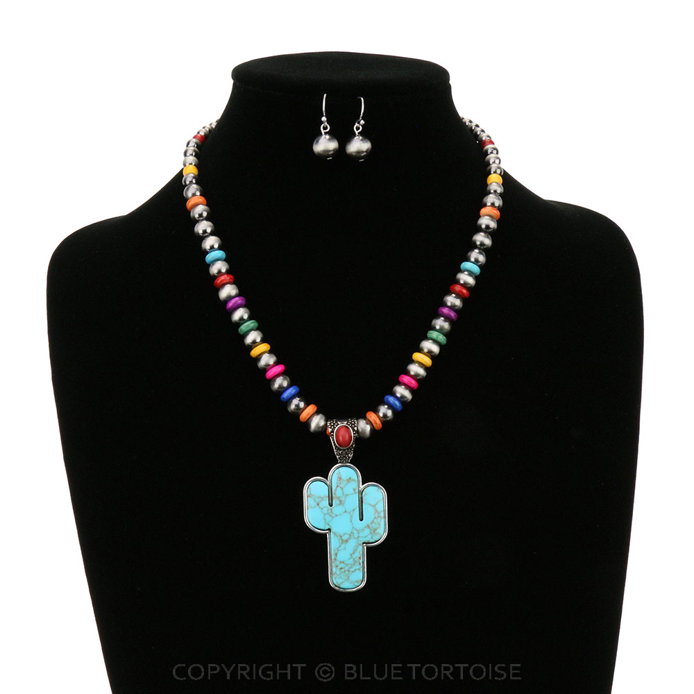 Western Cactus Stone Pendant with Bead Necklace Set - Image 2