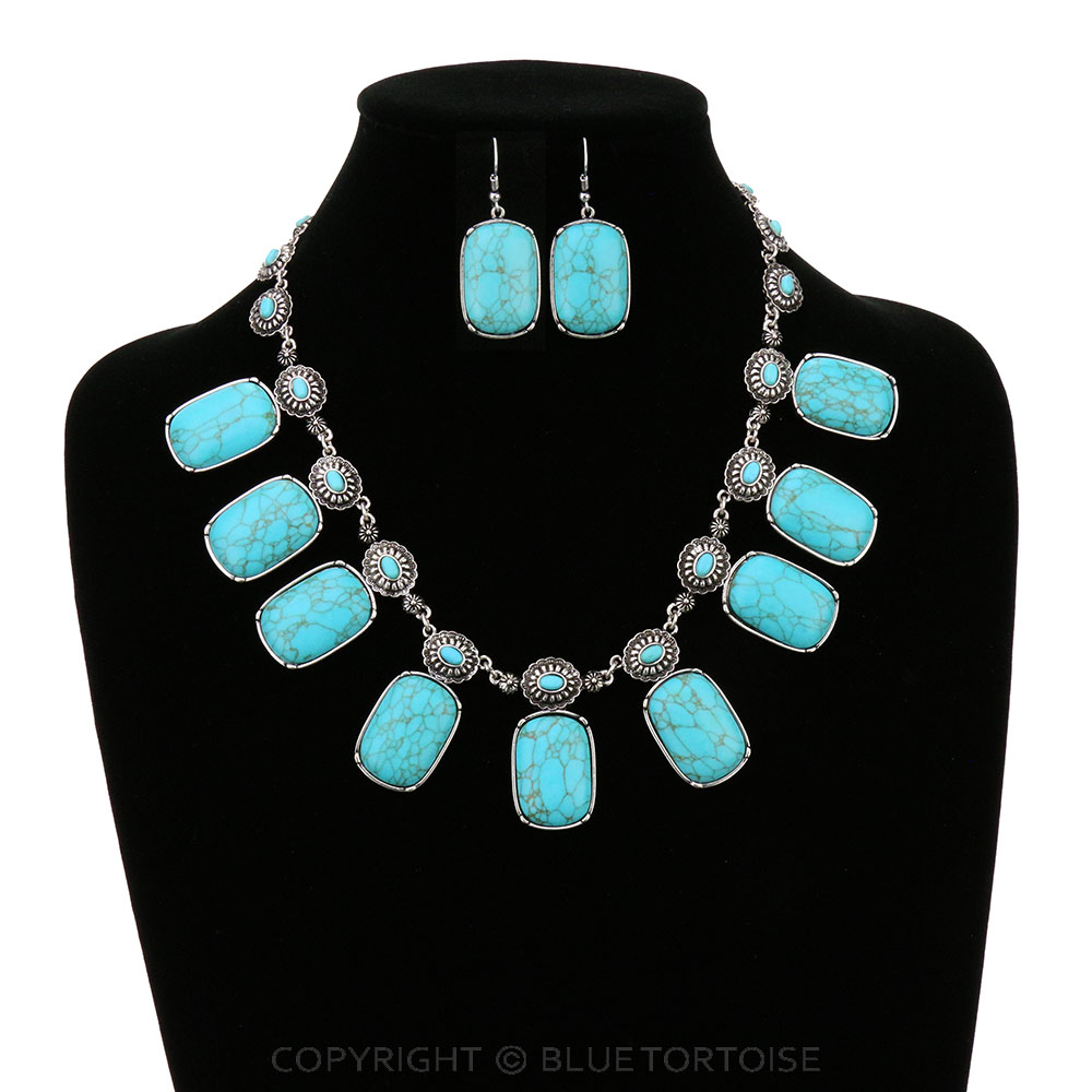 Western Concho Stone Statement Necklace Set - Image 2