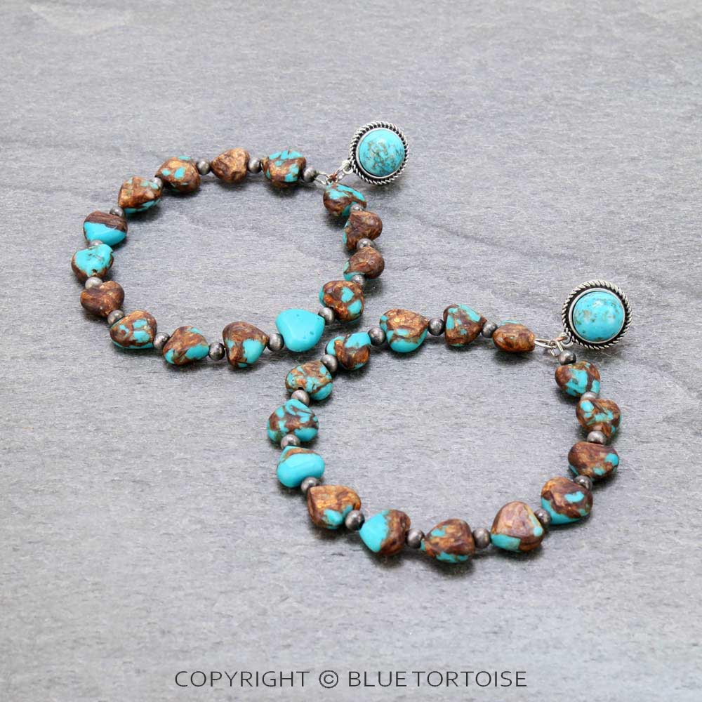 3.3" Long, Heart Natural Gemstone Hoop, Natural Stone Post Earrings