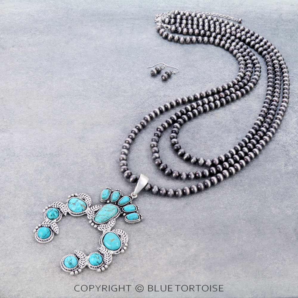 32" Long, Squash Blossom Naja Style Natural Stone Pendant Necklace