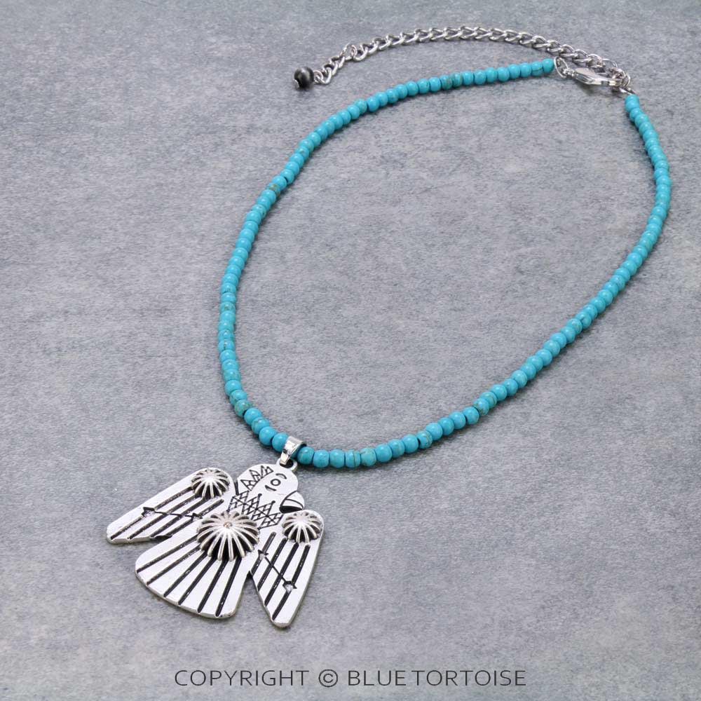 16" Long, Tiny 4mm Turquoise Bead Necklace, Thunderbird Pendant